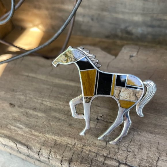 Zuni Inlay Horse Pin Brooch Tiger Eye, Onyx, Jasper, Sterling Silver - Picture 11 of 13